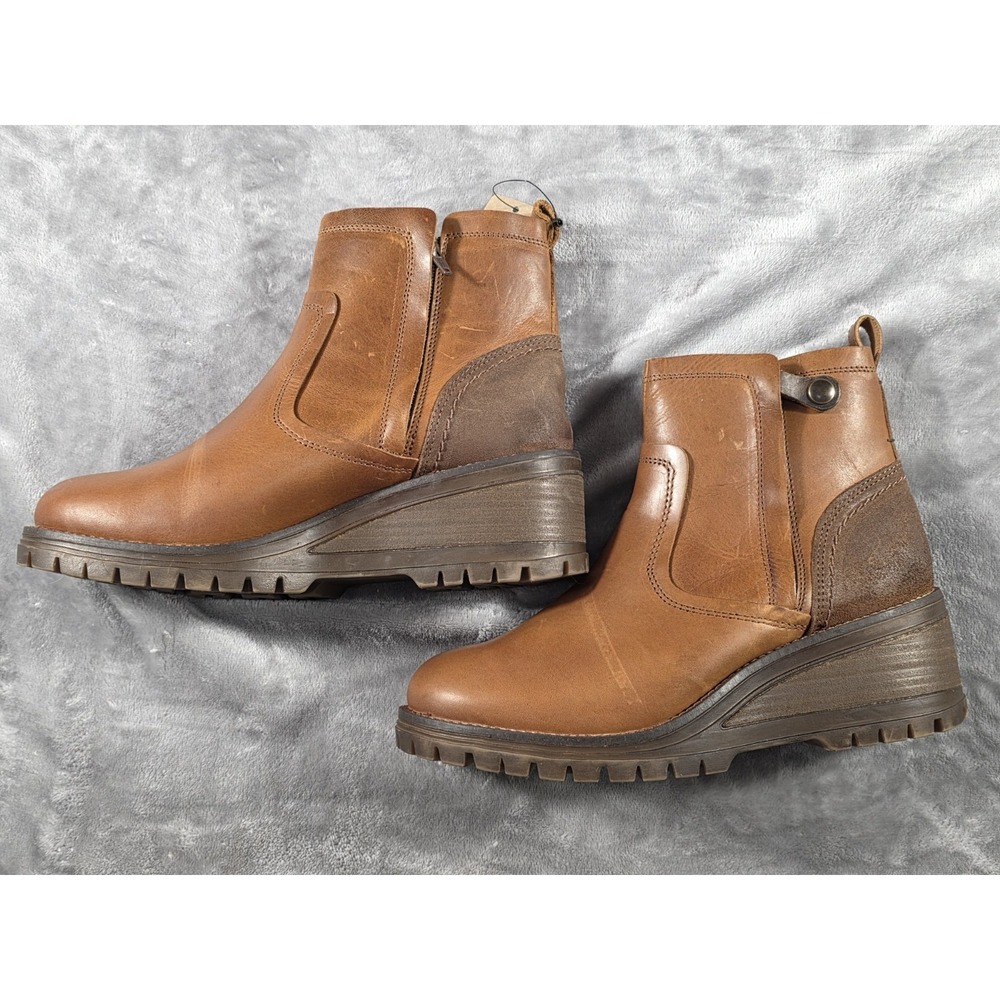 BullBoxer Sz 10 Dorian Ankle Zip Chunky Wedge‎ Leather Boots Brown Cognac